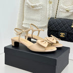 Chanel 26C Chain Bow Chunky Heel Sandals Beige in Cowhide 615991