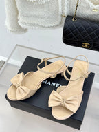 Chanel 26C Chain Bow Chunky Heel Sandals Beige in Cowhide 615991