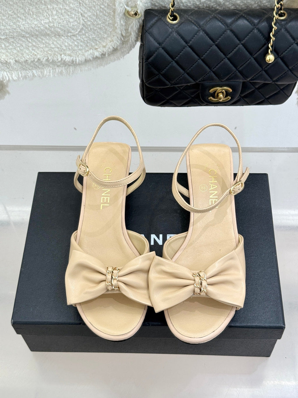 Chanel 26C Chain Bow Chunky Heel Sandals Beige in Cowhide 615991
