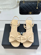 Chanel 26C Chain Bow Chunky Heel Sandals Beige in Cowhide 615991