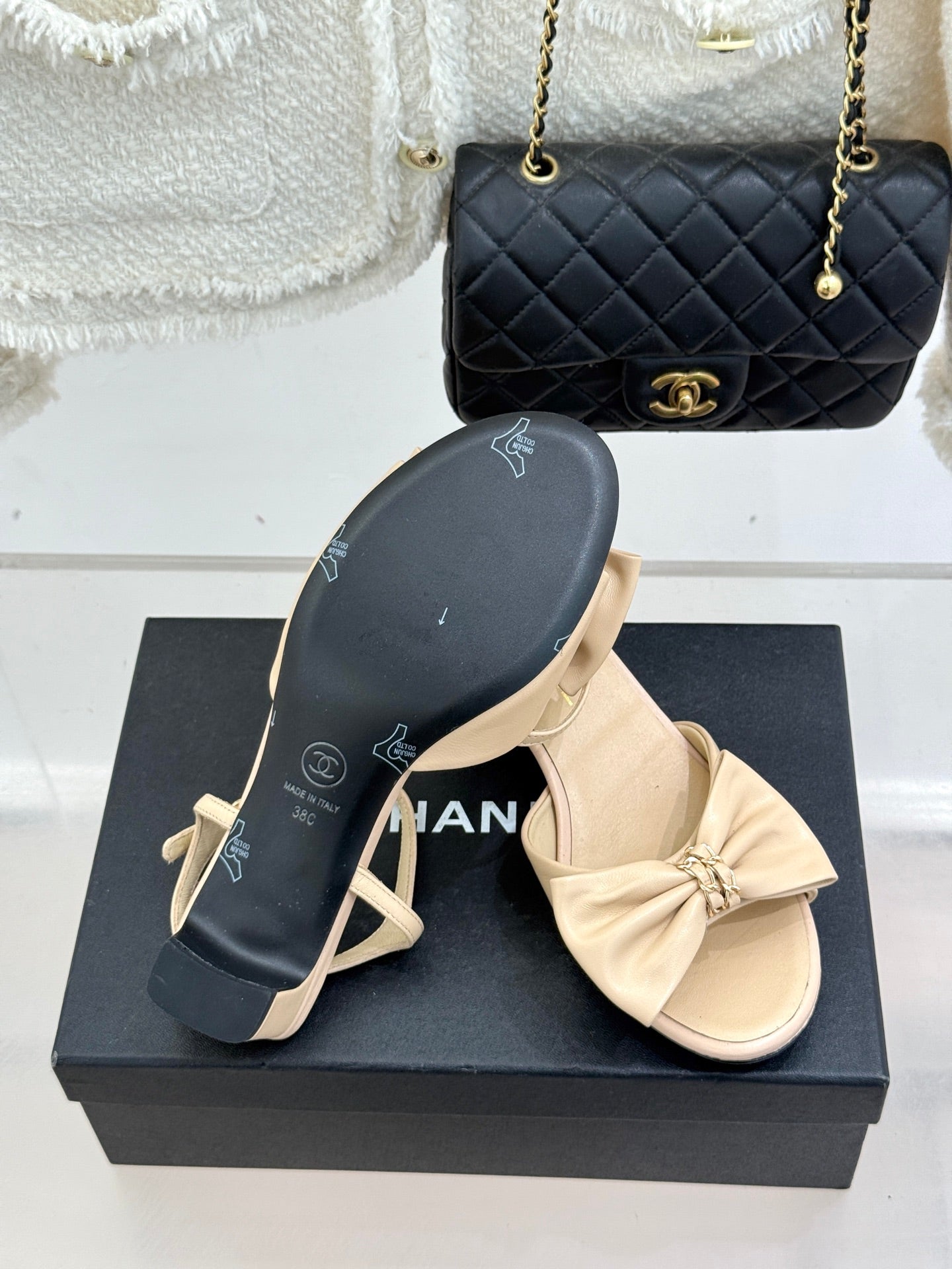 Chanel 26C Chain Bow Chunky Heel Sandals Beige in Cowhide 615991