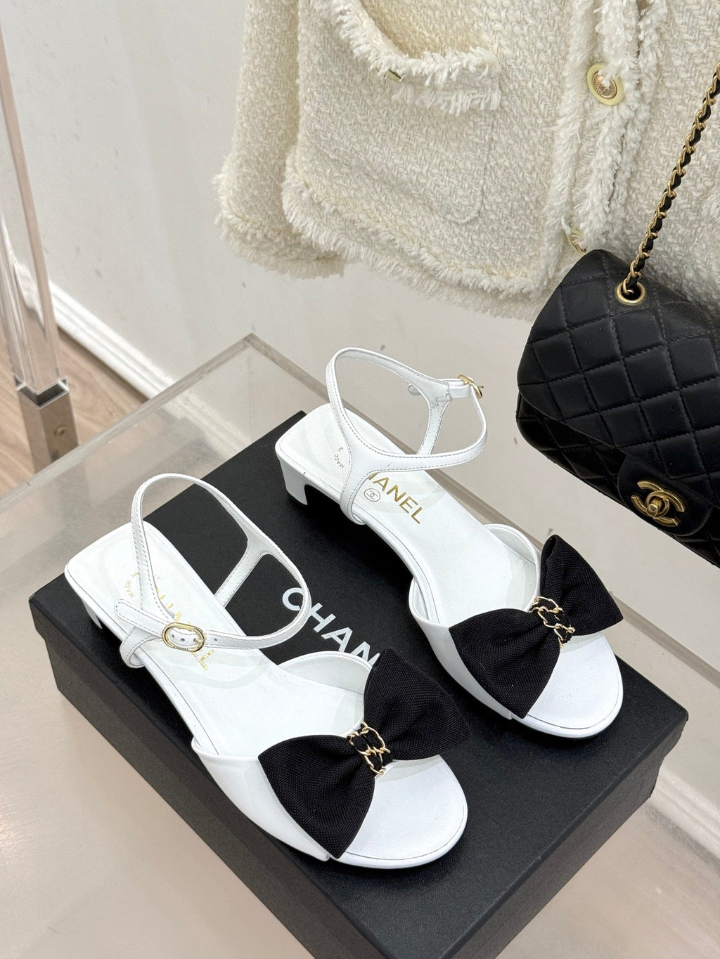 Chanel 26C Chain Bow Chunky Heel Sandals White Black in Cowhide 615990