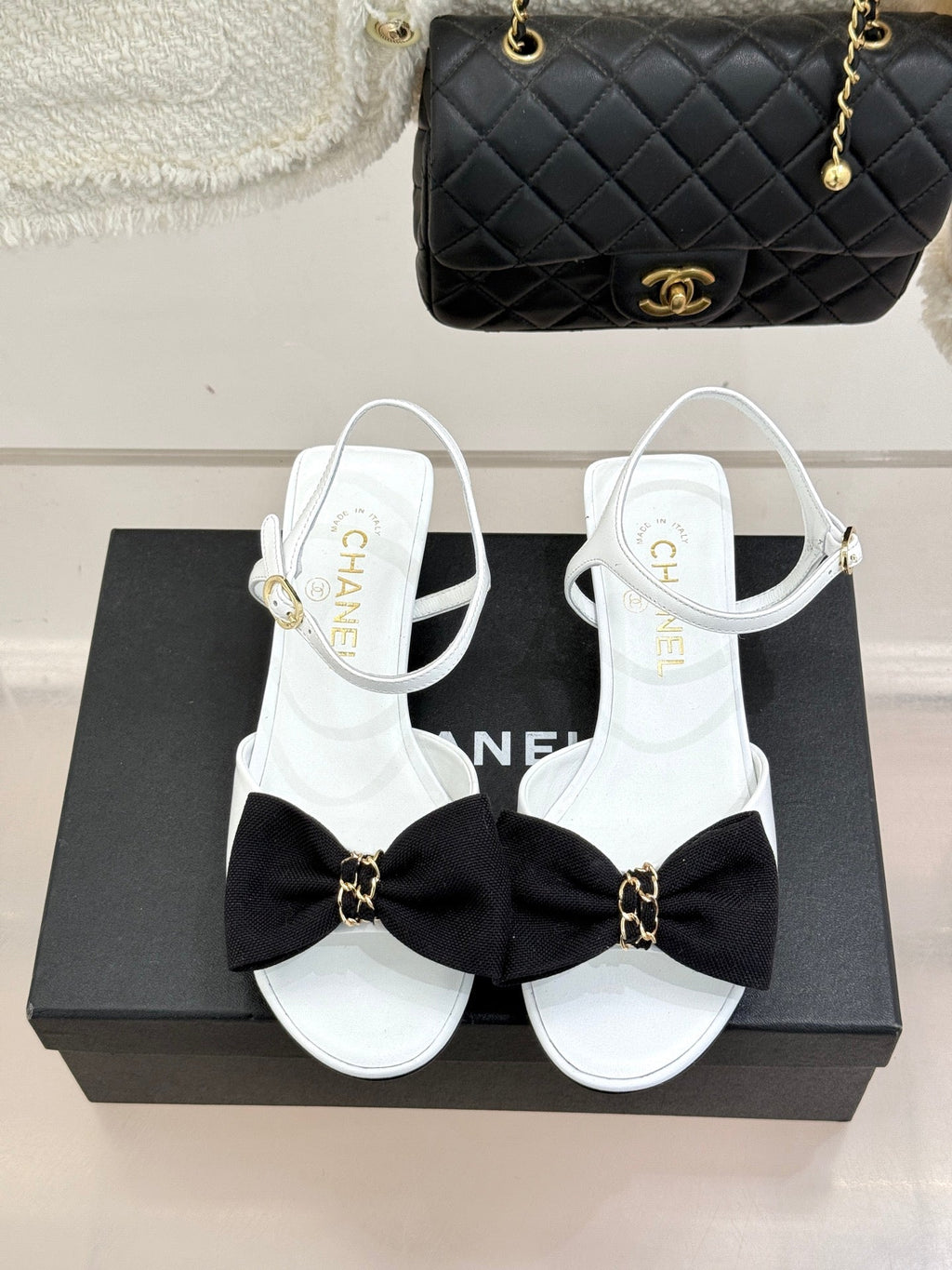 Chanel 26C Chain Bow Chunky Heel Sandals White Black in Cowhide 615990