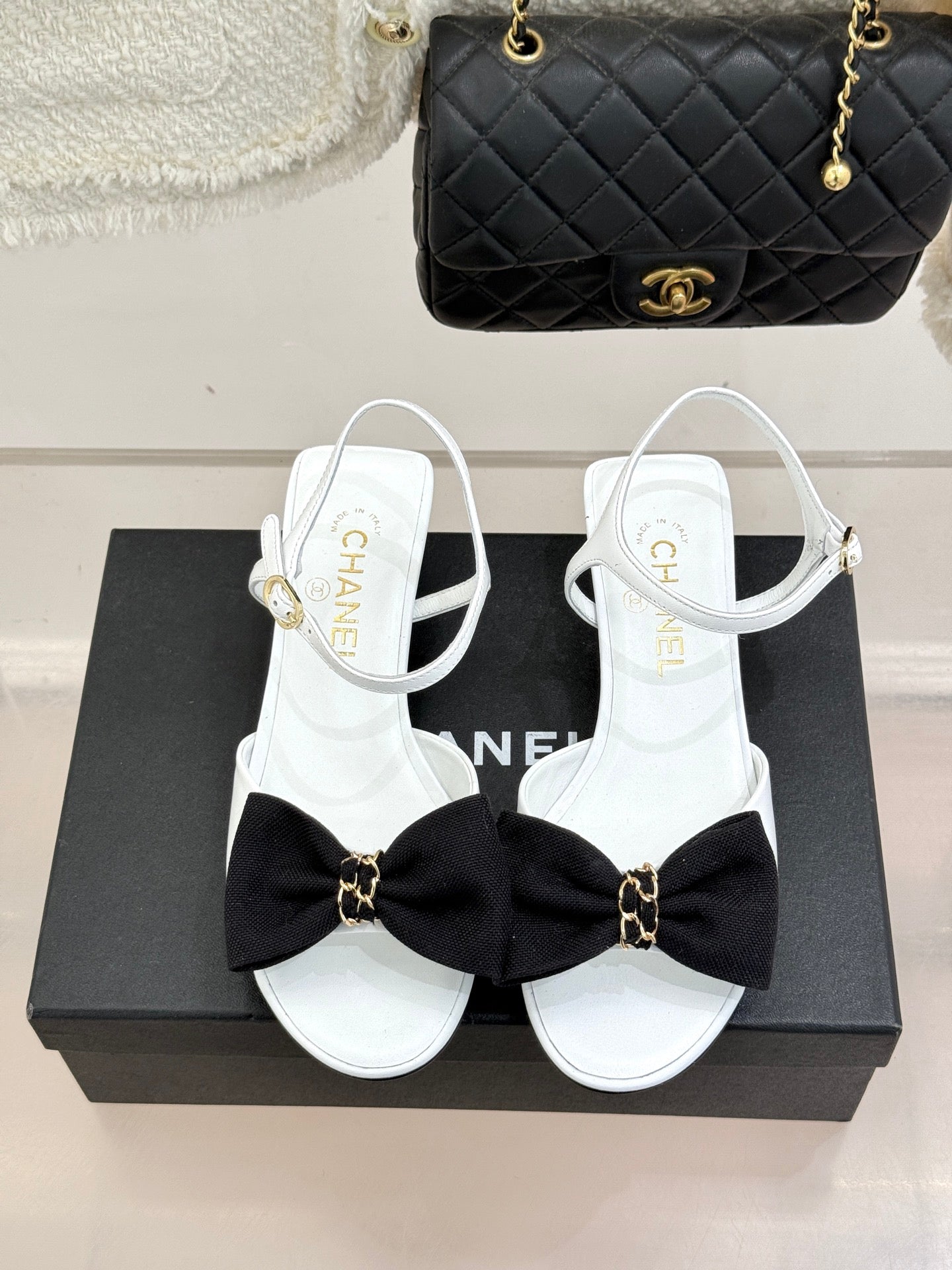 Chanel 26C Chain Bow Chunky Heel Sandals White Black in Cowhide 615990