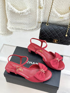 Chanel 26C Chain Bow Chunky Heel Sandals Red in Cowhide 615987
