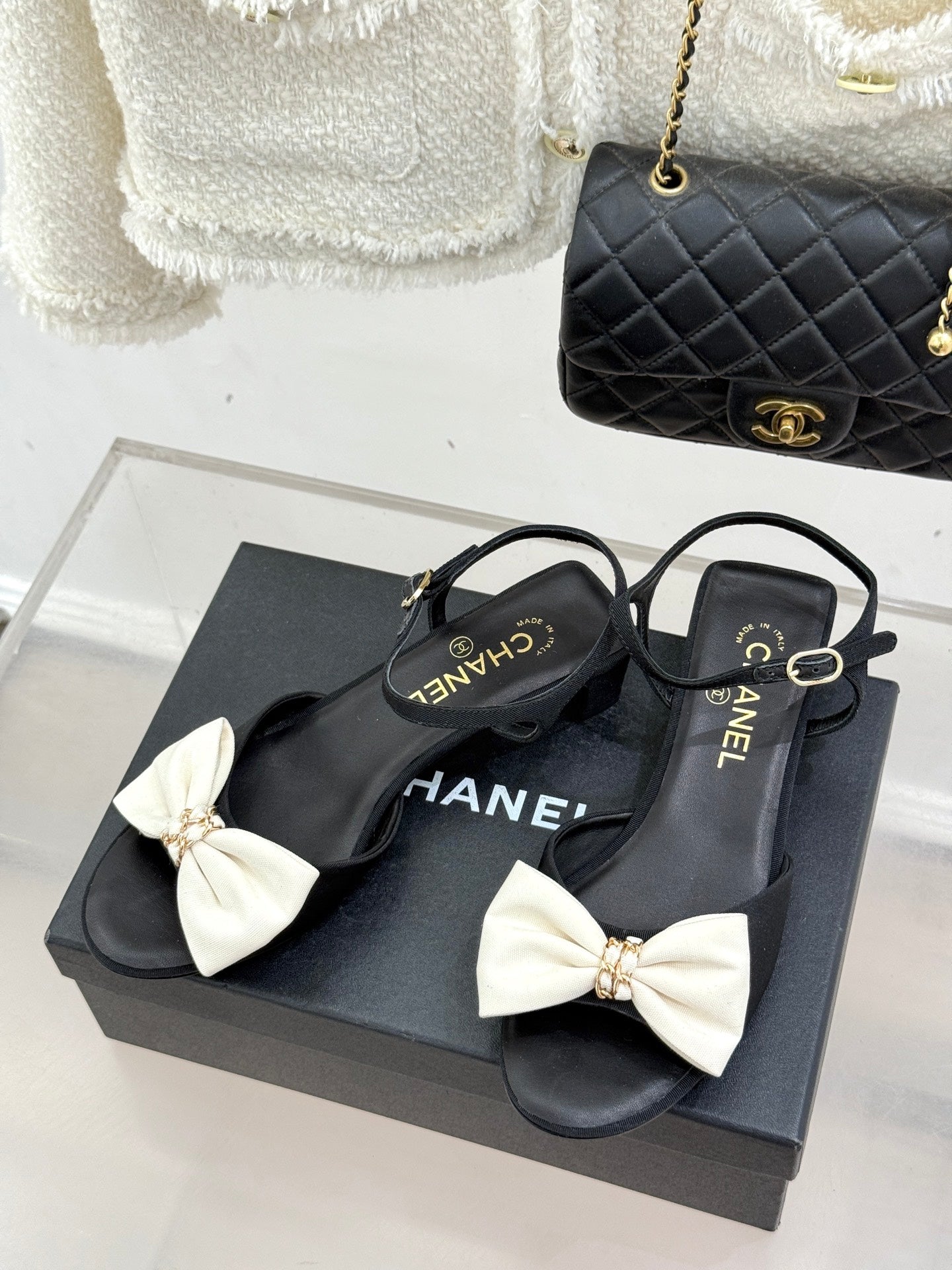 Chanel 26C Chain Bow Chunky Heel Sandals Black White in Cowhide 615986