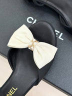 Chanel 26C Chain Bow Chunky Heel Sandals Black White in Cowhide 615986