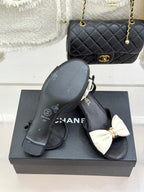 Chanel 26C Chain Bow Chunky Heel Sandals Black White in Cowhide 615986