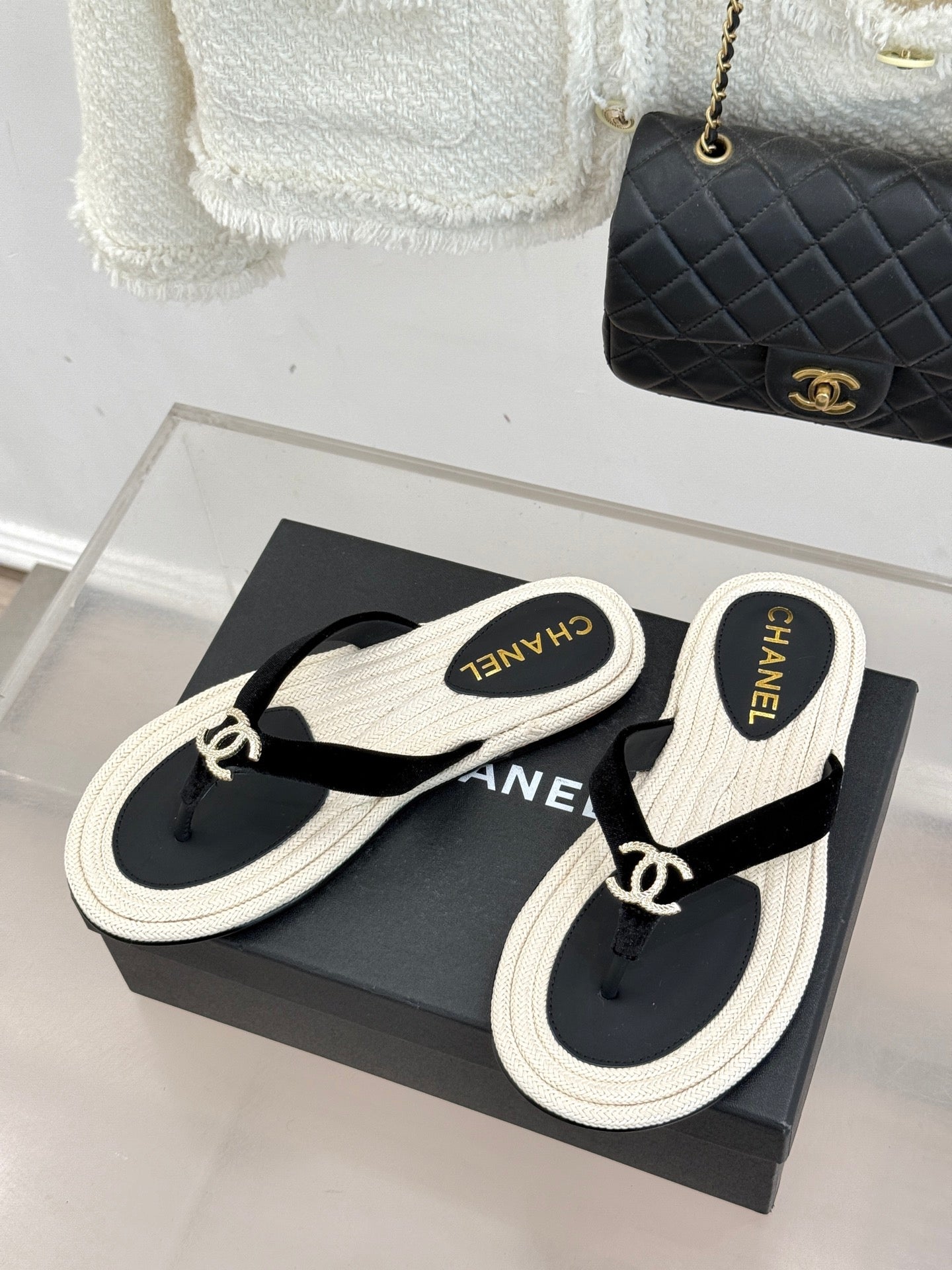 Chanel 26C Hemp Rope Sole Double C Flip-Flops Black in Sheepskin 615960