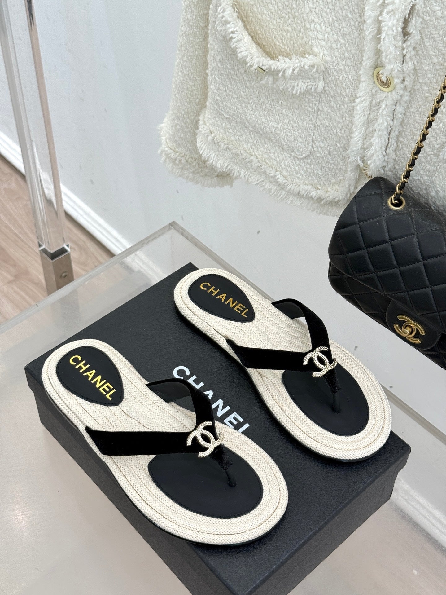 Chanel 26C Hemp Rope Sole Double C Flip-Flops Black in Sheepskin 615960