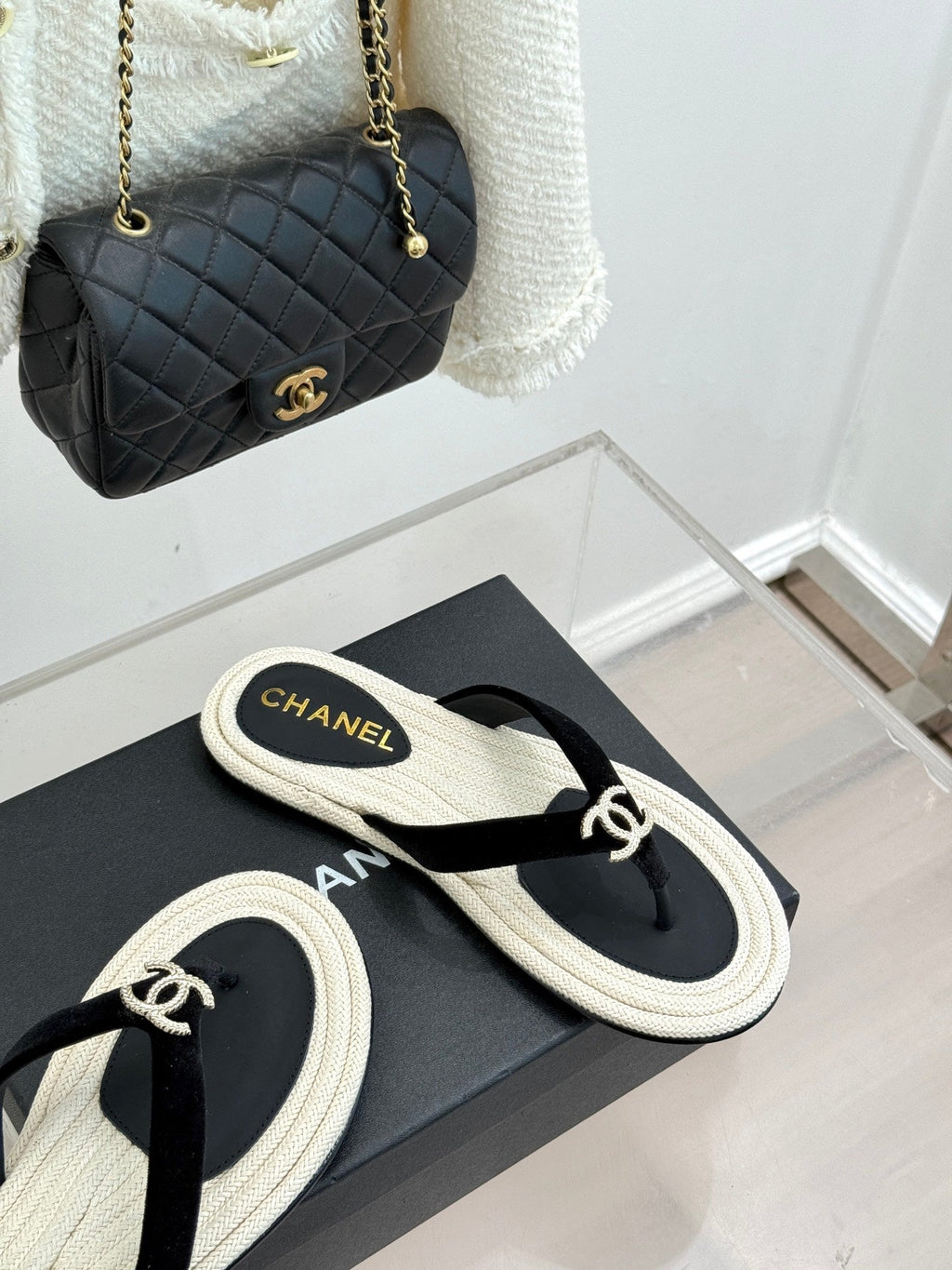 Chanel 26C Hemp Rope Sole Double C Flip-Flops Black in Sheepskin 615960