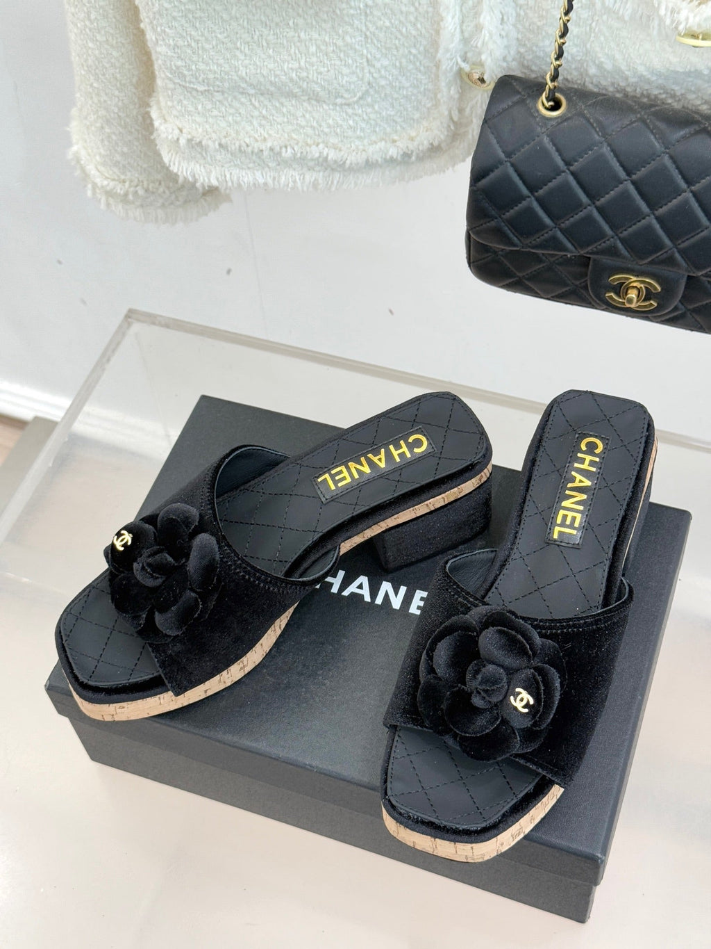 Chanel 26C Camellia Wood Grain Platform Sandals Black in Velvet Leather 615917