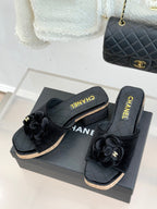 Chanel 26C Camellia Wood Grain Platform Sandals Black in Velvet Leather 615917