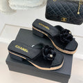 Chanel 26C Camellia Wood Grain Platform Sandals Black in Velvet Leather 615917