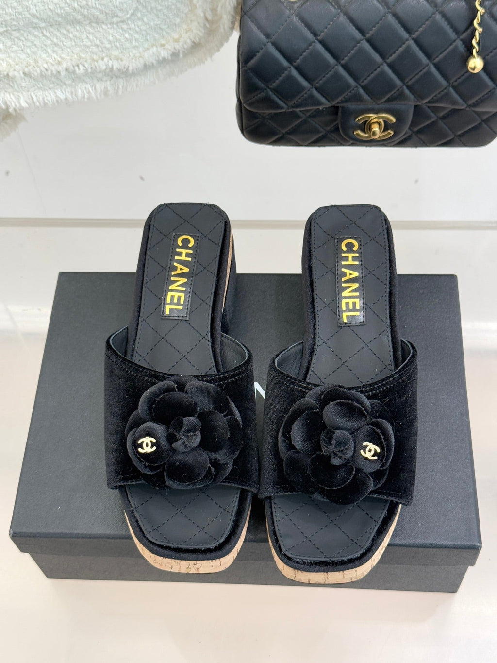 Chanel 26C Camellia Wood Grain Platform Sandals Black in Velvet Leather 615917