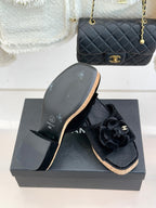 Chanel 26C Camellia Wood Grain Platform Sandals Black in Velvet Leather 615917