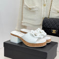 Chanel 26C Camellia Wood Grain Platform Sandals White in Leather 615916
