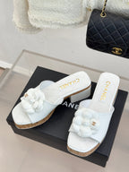 Chanel 26C Camellia Wood Grain Platform Sandals White in Leather 615916