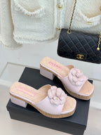 Chanel 26C Camellia Wood Grain Platform Sandals Pink in Leather 615915