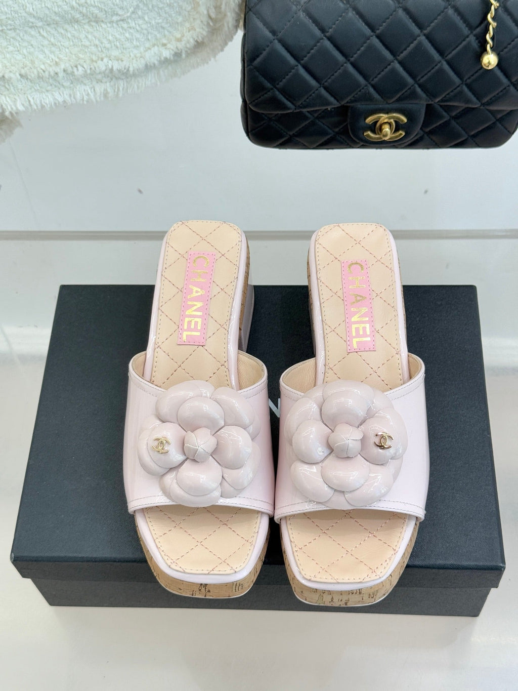 Chanel 26C Camellia Wood Grain Platform Sandals Pink in Leather 615915