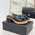 Chanel 26C Camellia Wood Grain Platform Sandals Black in Leather 615914