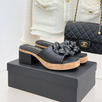 Chanel 26C Camellia Wood Grain Platform Sandals Black in Leather 615914