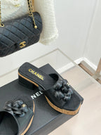 Chanel 26C Camellia Wood Grain Platform Sandals Black in Leather 615914