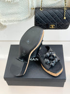 Chanel 26C Camellia Wood Grain Platform Sandals Black in Leather 615914