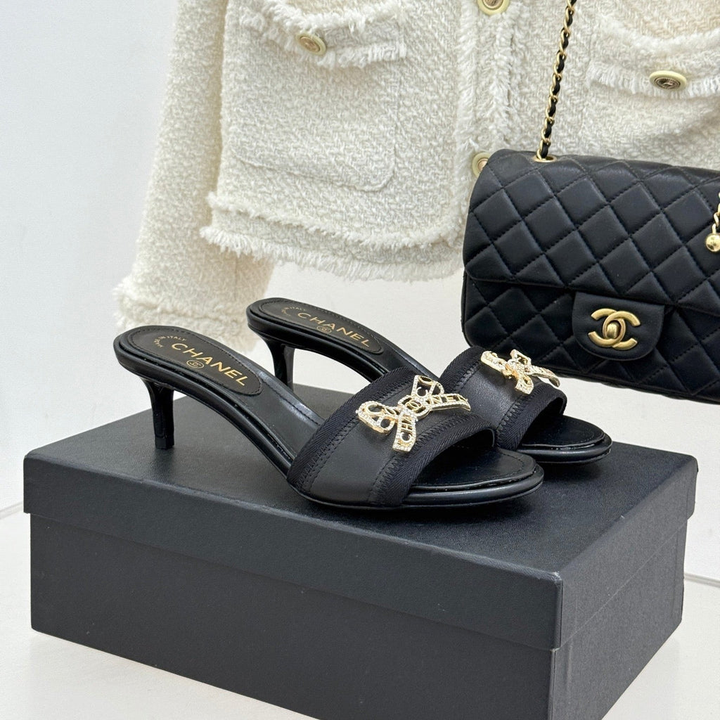 Chanel Classic Rhinestone Double C Bow Kitten Heel Slippers Black in Leather 615820