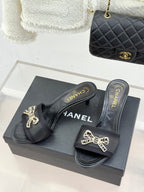 Chanel Classic Rhinestone Double C Bow Kitten Heel Slippers Black in Leather 615820