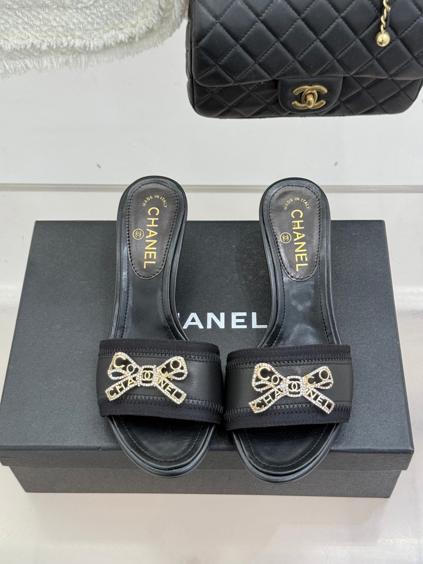 Chanel Classic Rhinestone Double C Bow Kitten Heel Slippers Black in Leather 615820