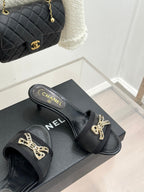 Chanel Classic Rhinestone Double C Bow Kitten Heel Slippers Black in Leather 615820