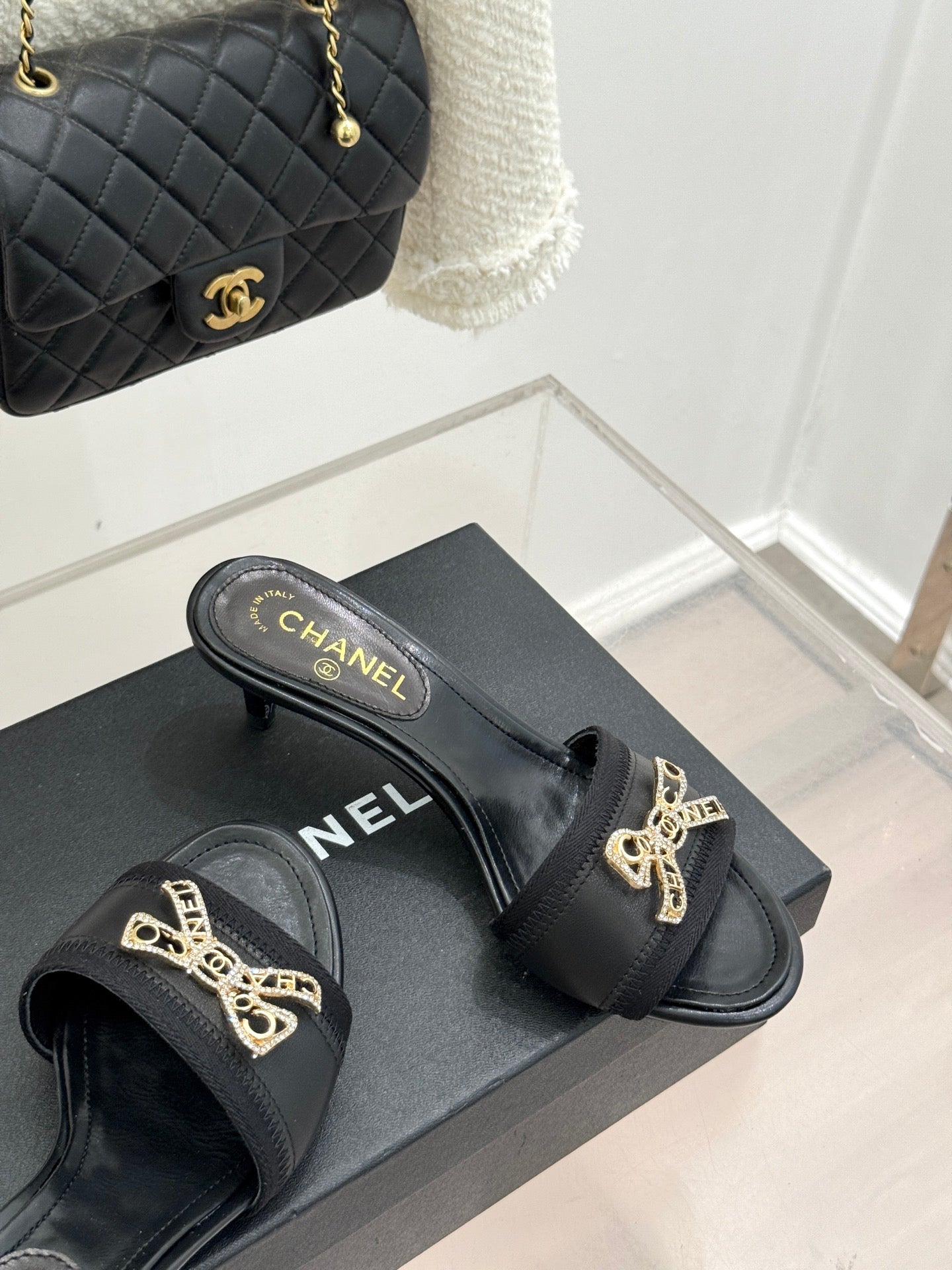 Chanel Classic Rhinestone Double C Bow Kitten Heel Slippers Black in Leather 615820