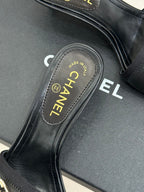 Chanel Classic Rhinestone Double C Bow Kitten Heel Slippers Black in Leather 615820