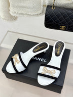 Chanel Classic Rhinestone Double C Bow Kitten Heel Slippers White in Leather 615819