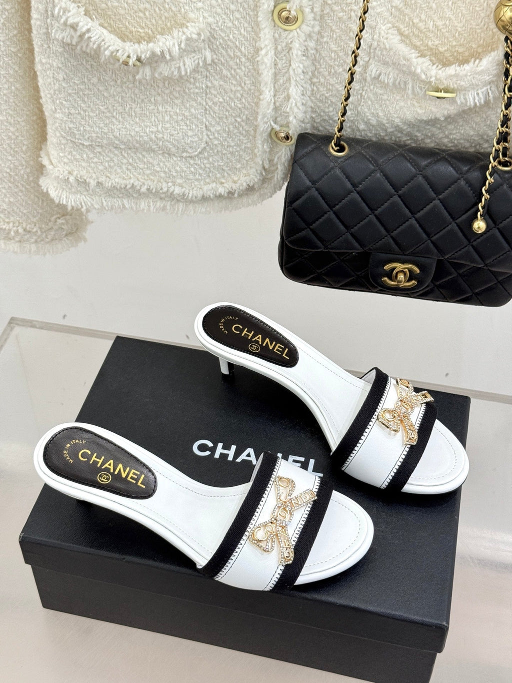 Chanel Classic Rhinestone Double C Bow Kitten Heel Slippers White in Leather 615819