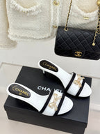 Chanel Classic Rhinestone Double C Bow Kitten Heel Slippers White in Leather 615819