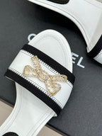 Chanel Classic Rhinestone Double C Bow Kitten Heel Slippers White in Leather 615819