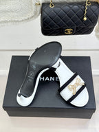 Chanel Classic Rhinestone Double C Bow Kitten Heel Slippers White in Leather 615819