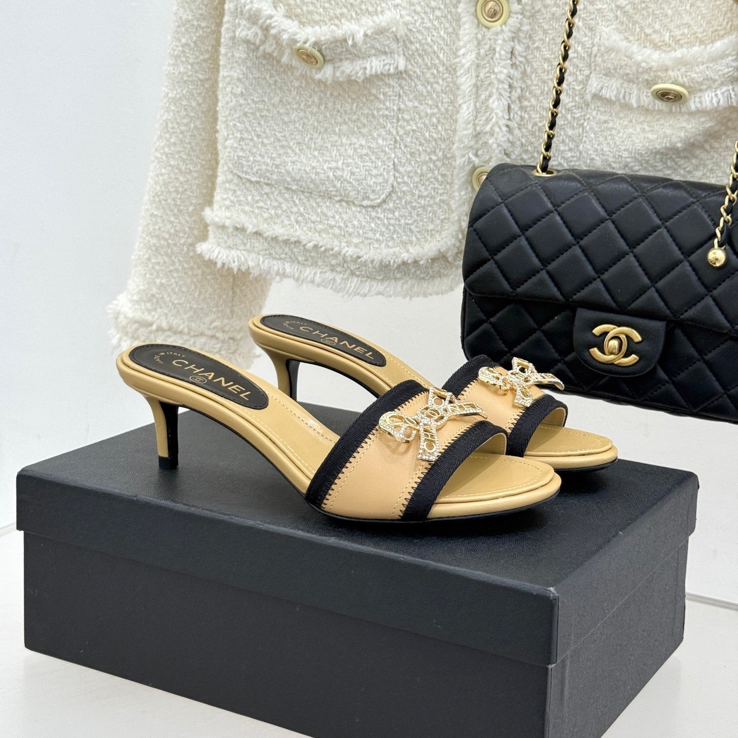 Chanel Classic Rhinestone Double C Bow Kitten Heel Slippers Beige in Leather 615818