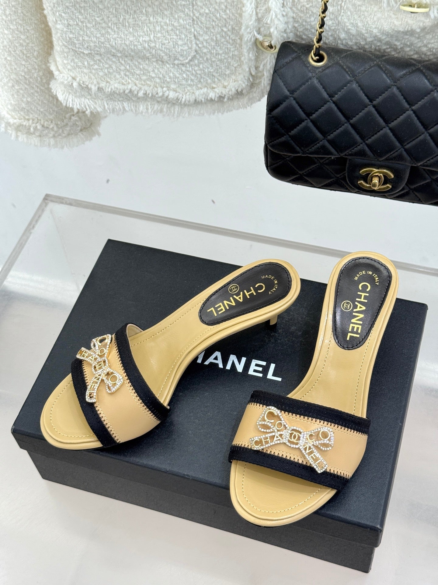 Chanel Classic Rhinestone Double C Bow Kitten Heel Slippers Beige in Leather 615818