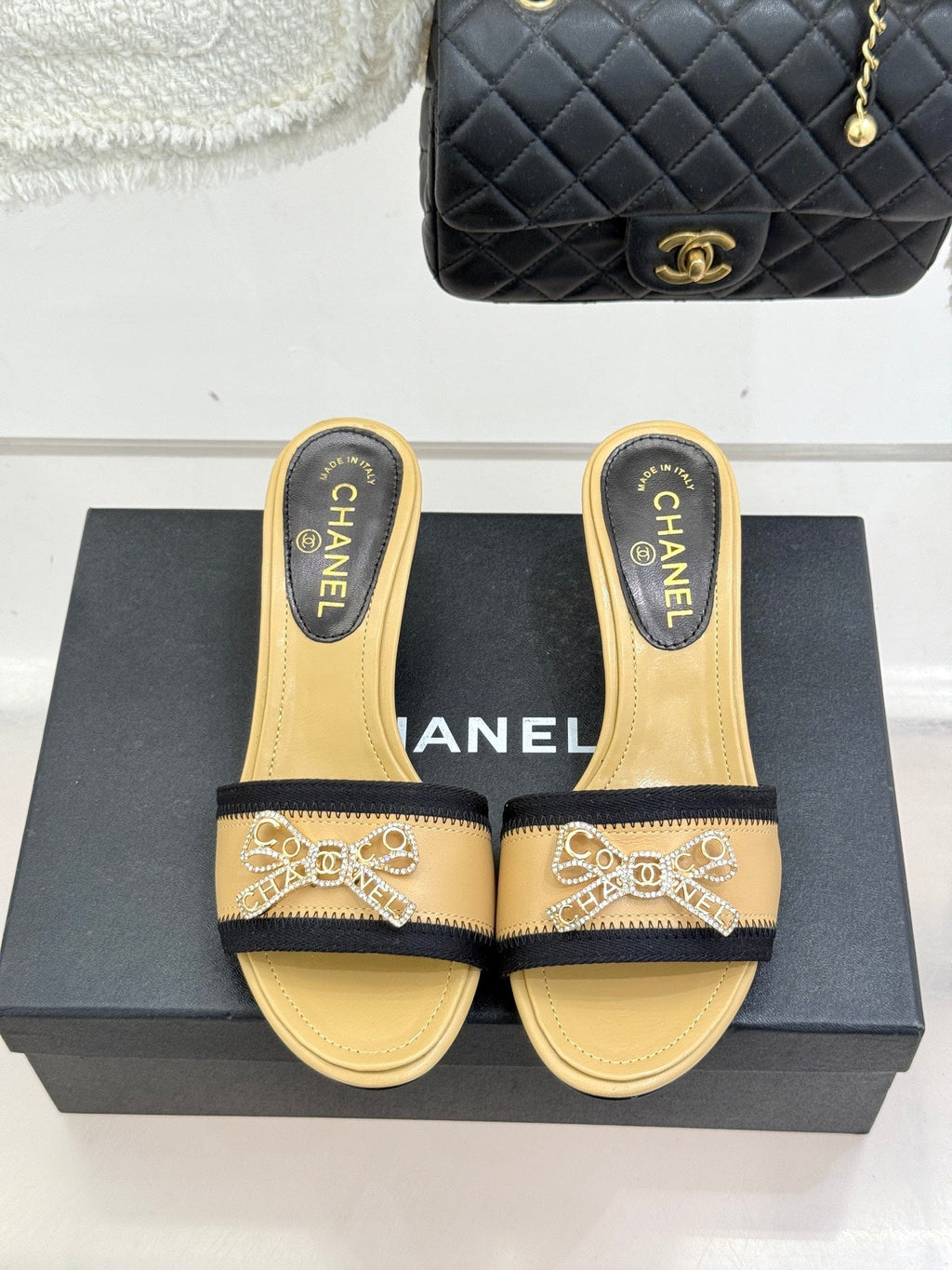 Chanel Classic Rhinestone Double C Bow Kitten Heel Slippers Beige in Leather 615818