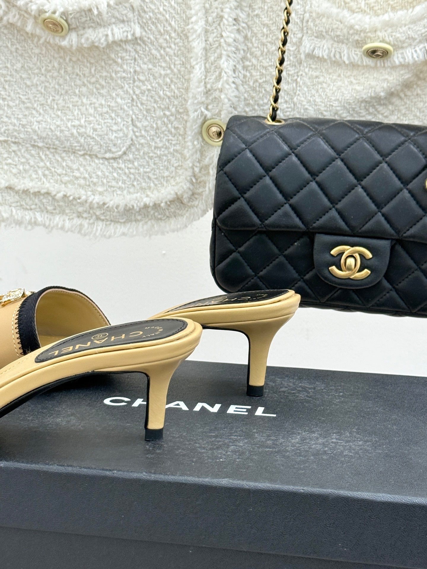 Chanel Classic Rhinestone Double C Bow Kitten Heel Slippers Beige in Leather 615818