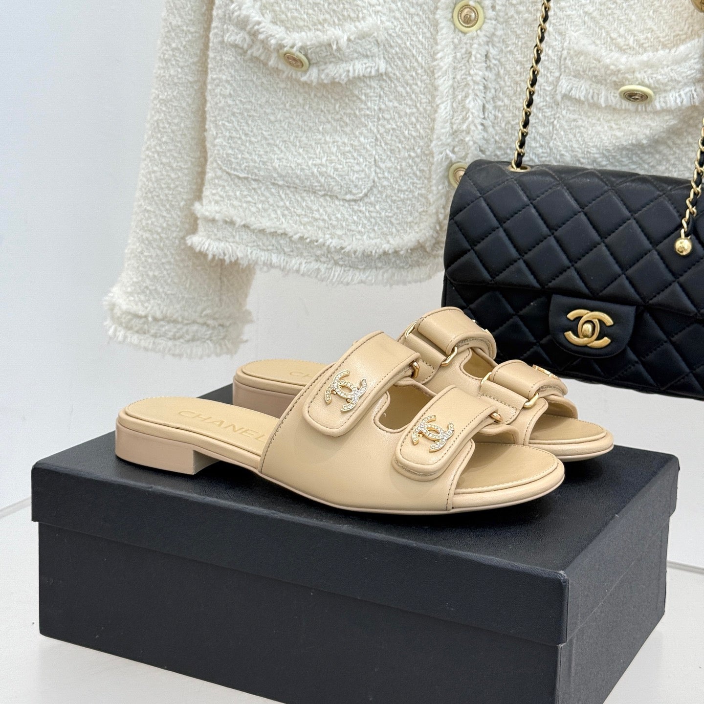 Chanel 26C Double C Backpack Buckle Velcro Slippers Beige in Lambskin 615794