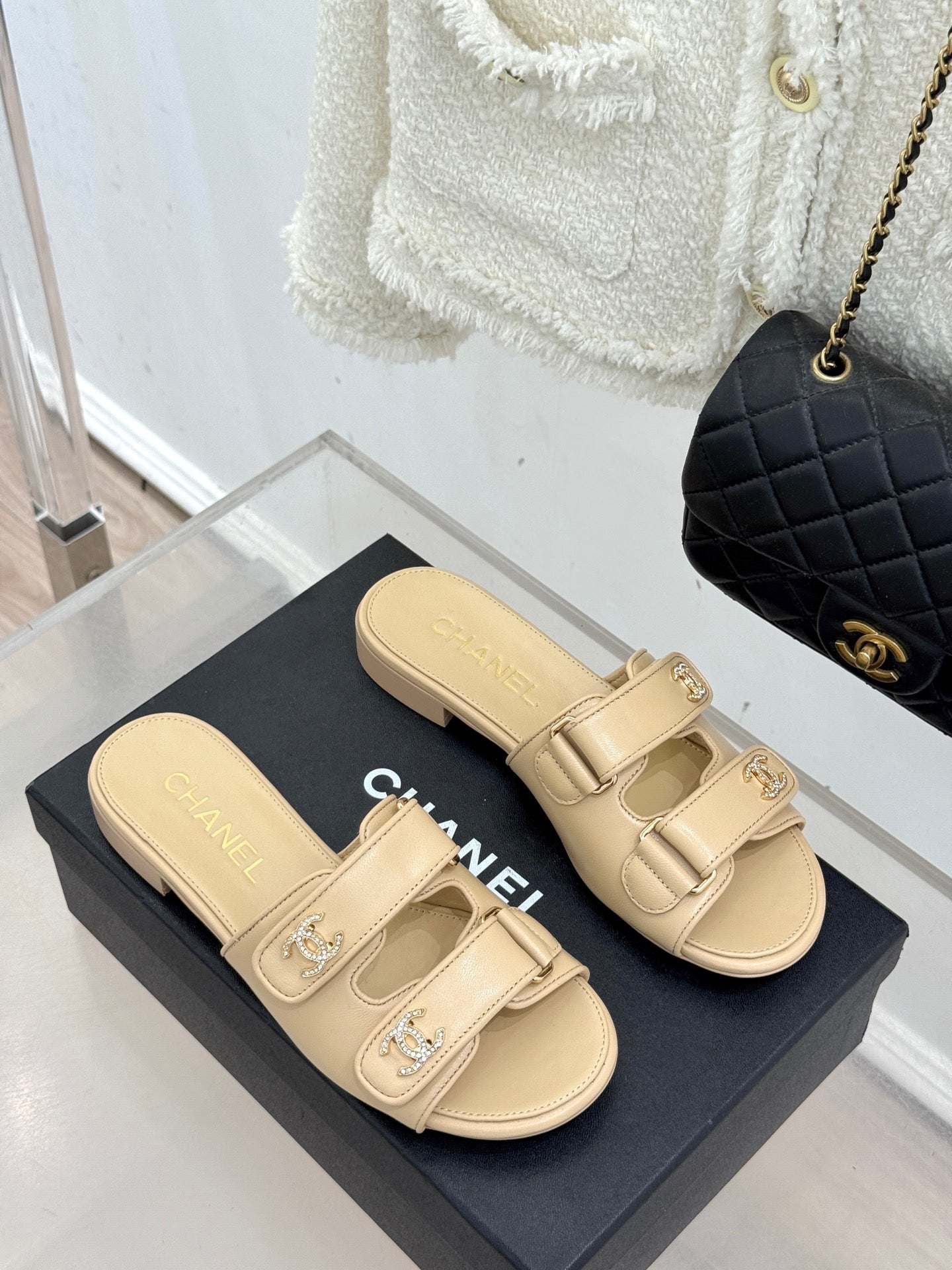 Chanel 26C Double C Backpack Buckle Velcro Slippers Beige in Lambskin 615794