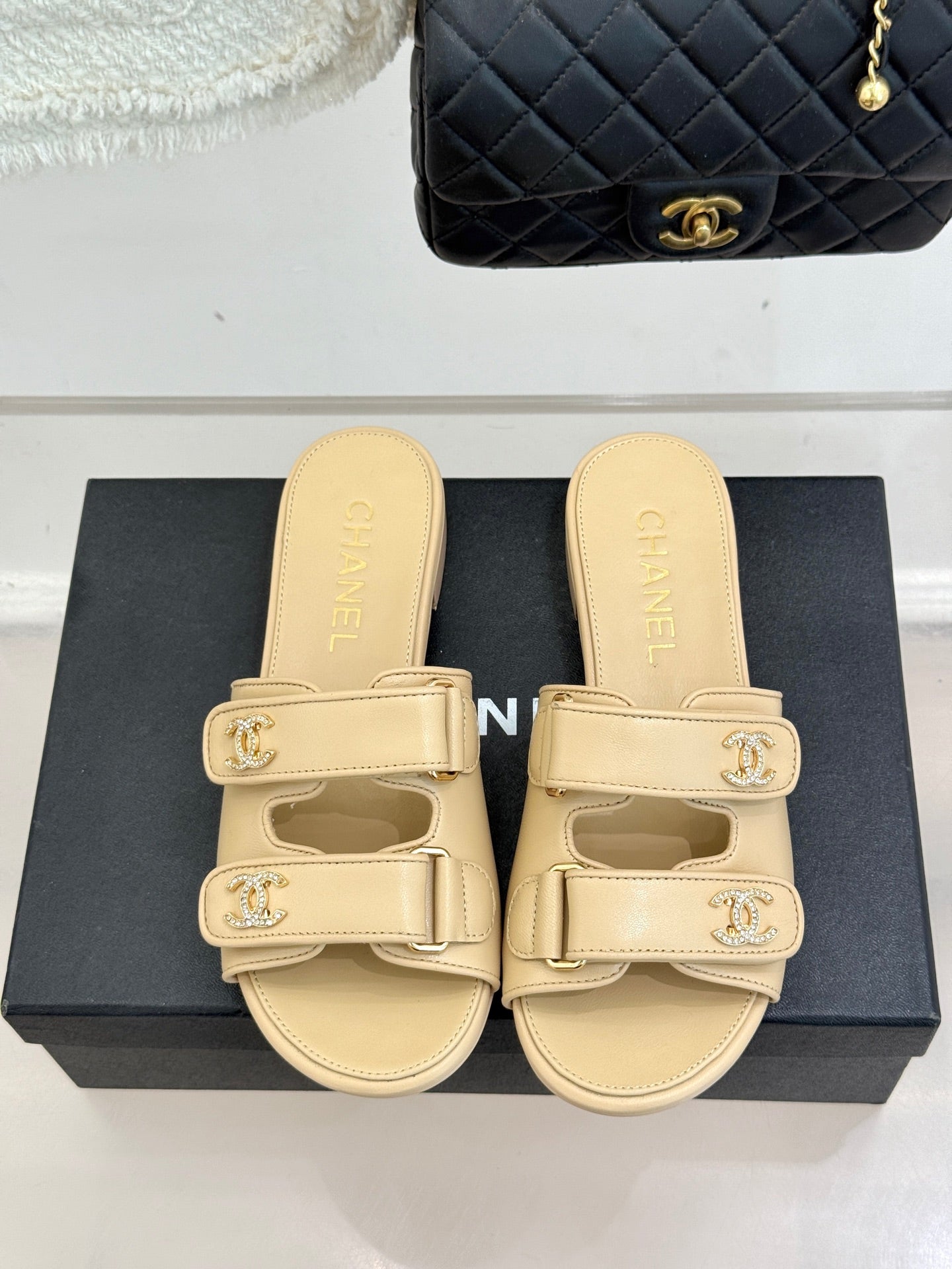 Chanel 26C Double C Backpack Buckle Velcro Slippers Beige in Lambskin 615794
