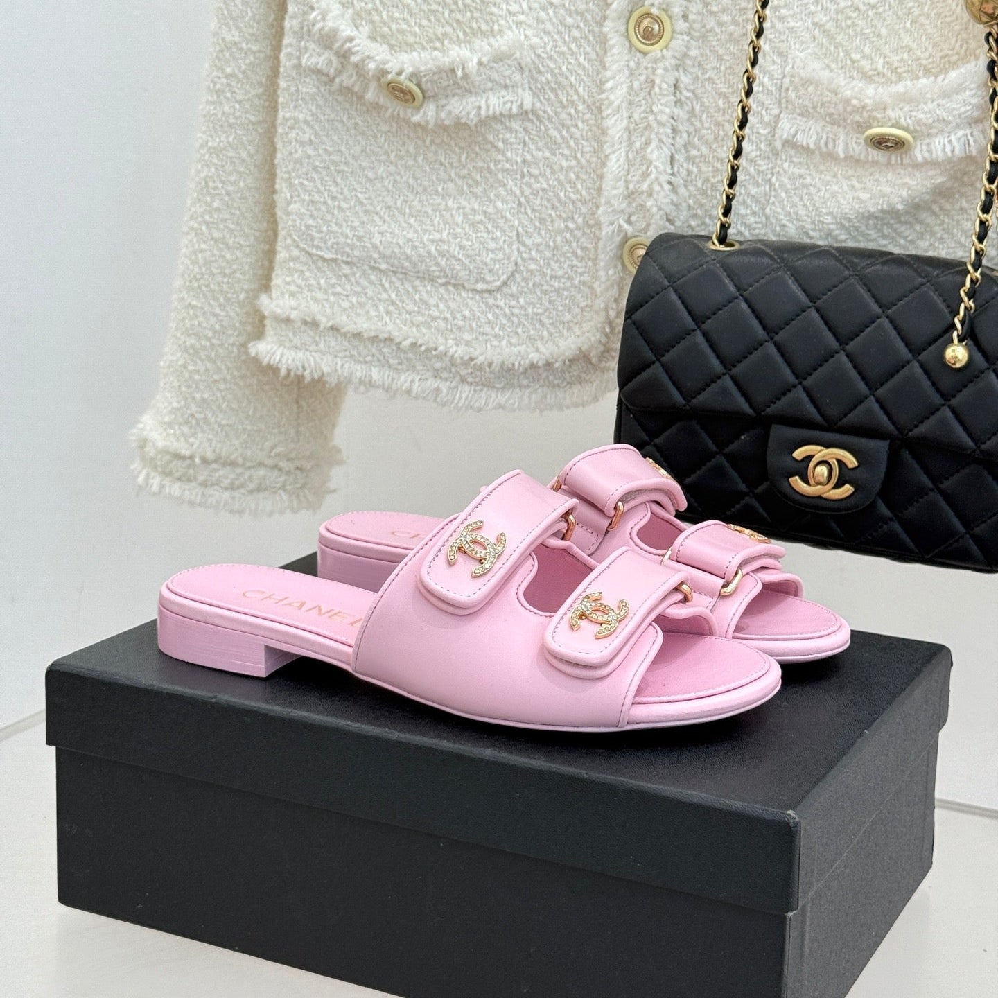 Chanel 26C Double C Backpack Buckle Velcro Slippers Pink in Lambskin 615793