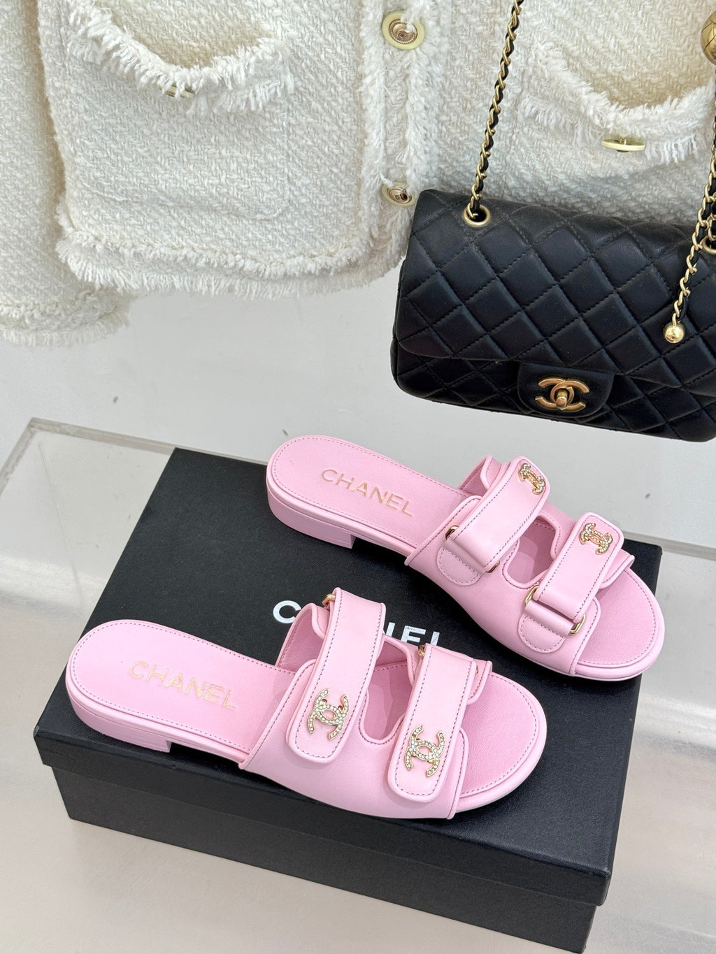 Chanel 26C Double C Backpack Buckle Velcro Slippers Pink in Lambskin 615793