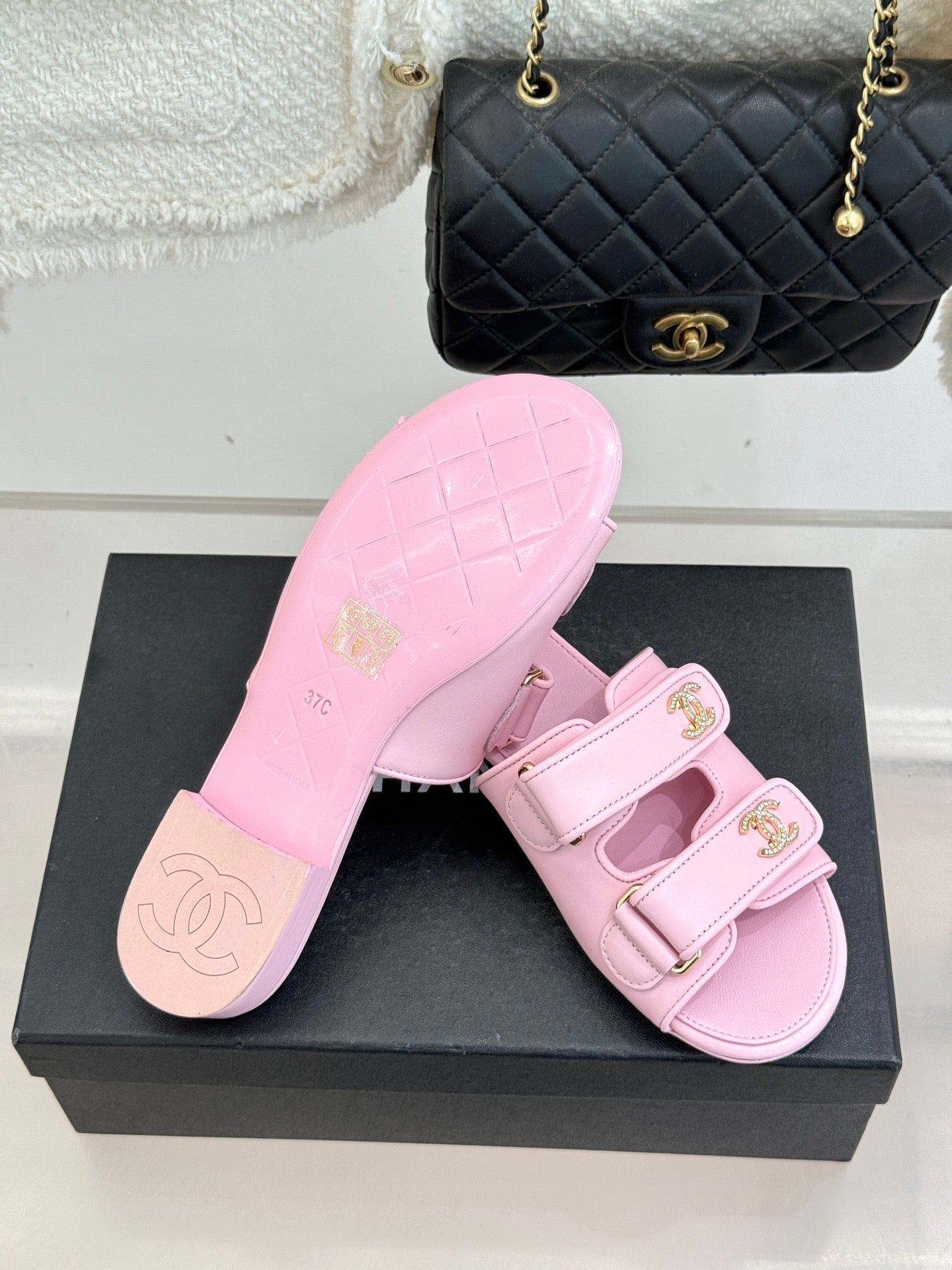 Chanel 26C Double C Backpack Buckle Velcro Slippers Pink in Lambskin 615793