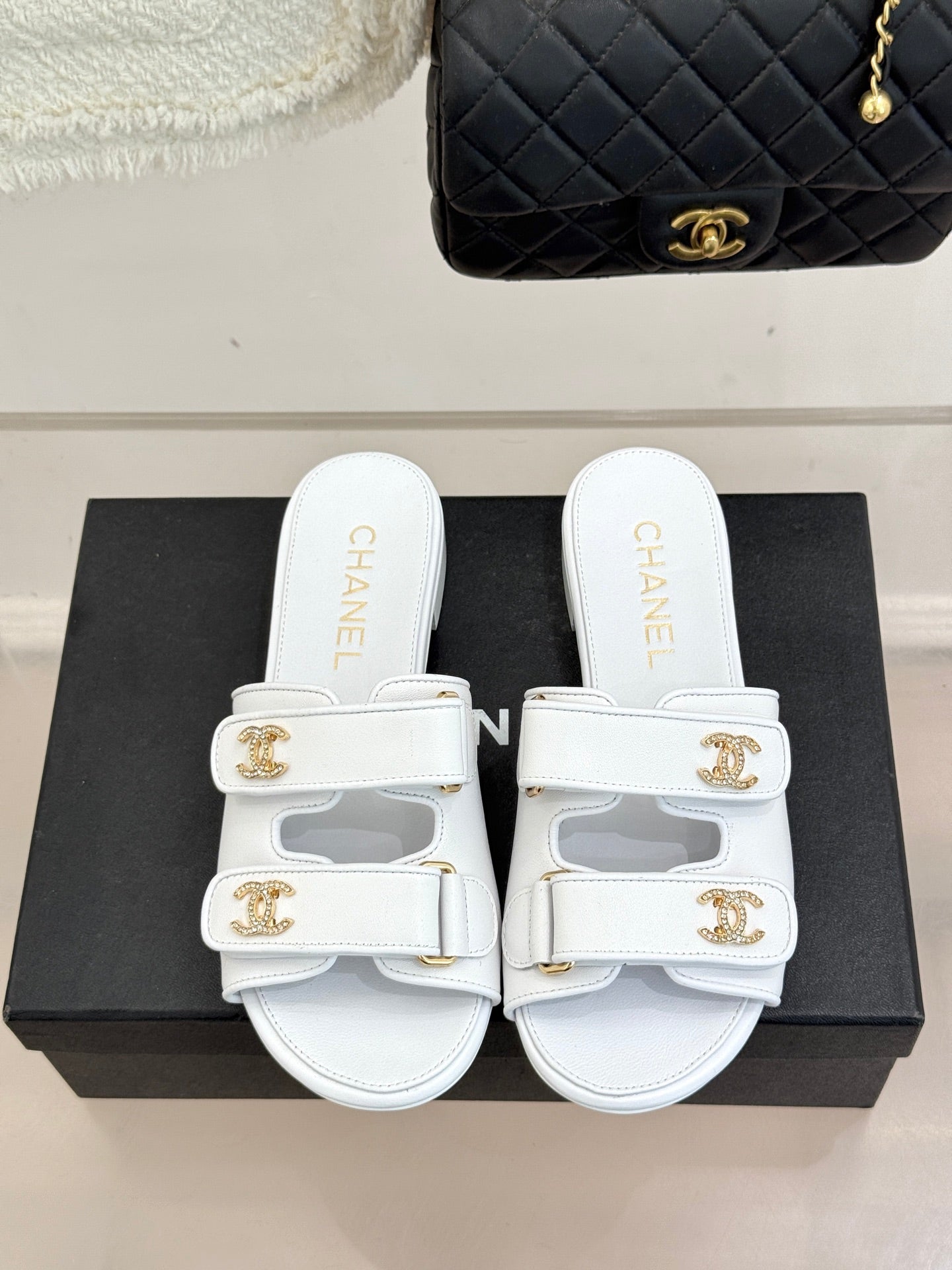 Chanel 26C Double C Backpack Buckle Velcro Slippers White in Lambskin 615792